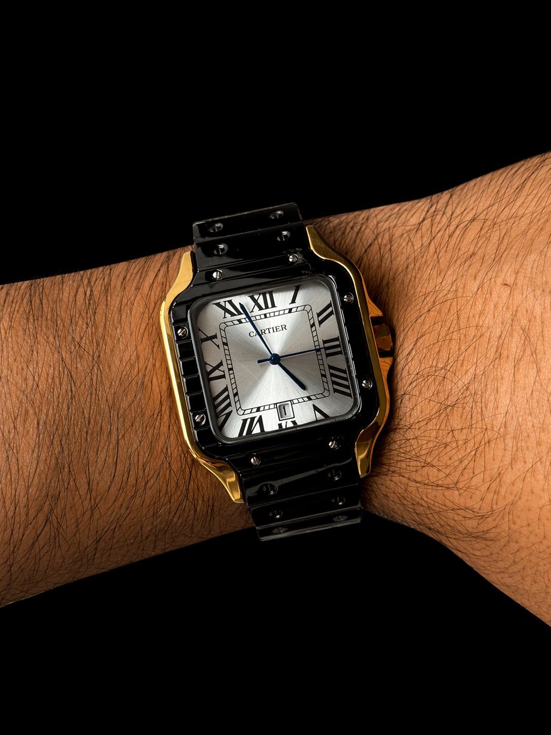 Cartier Santos Metalico Negro Tablero Plateado Dorados