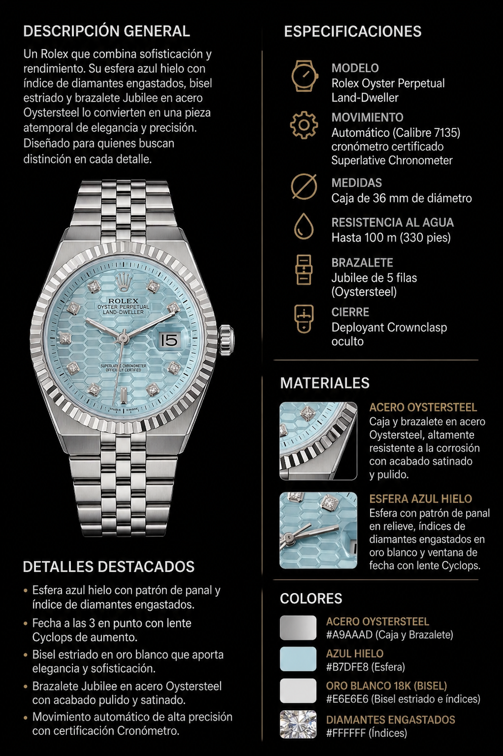 Rolex Day Date Diamond Plateado Tablero Azul