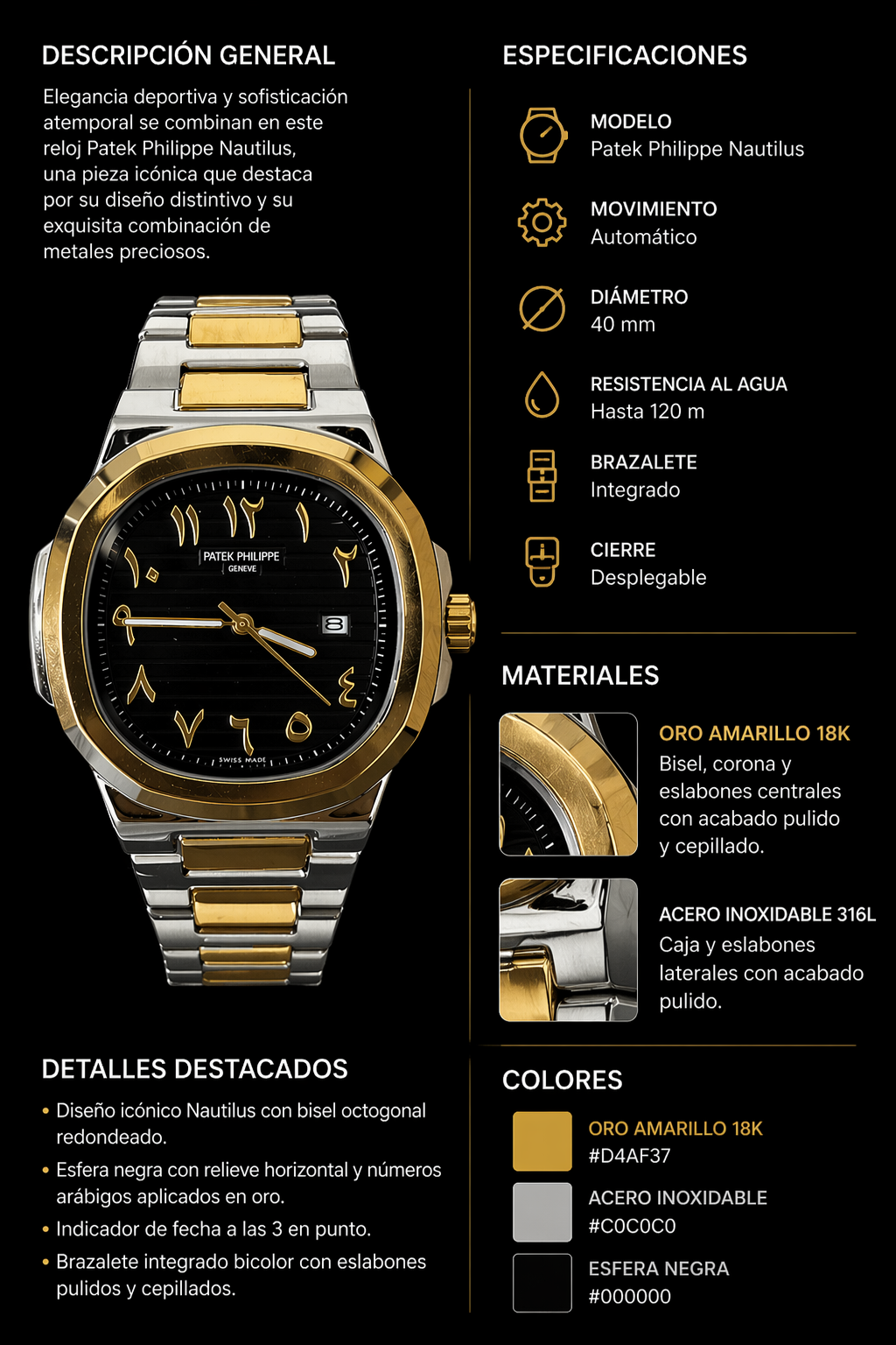Patek Arabe Bicolor Dorado Tablero Negro