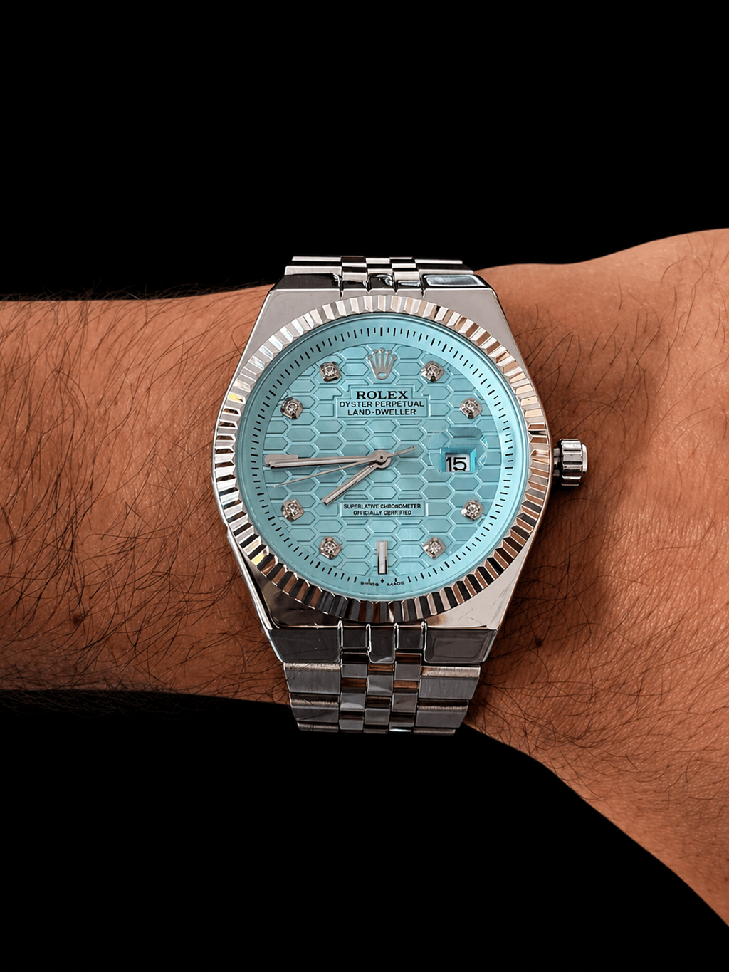 Rolex Day Date Diamond Plateado Tablero Azul