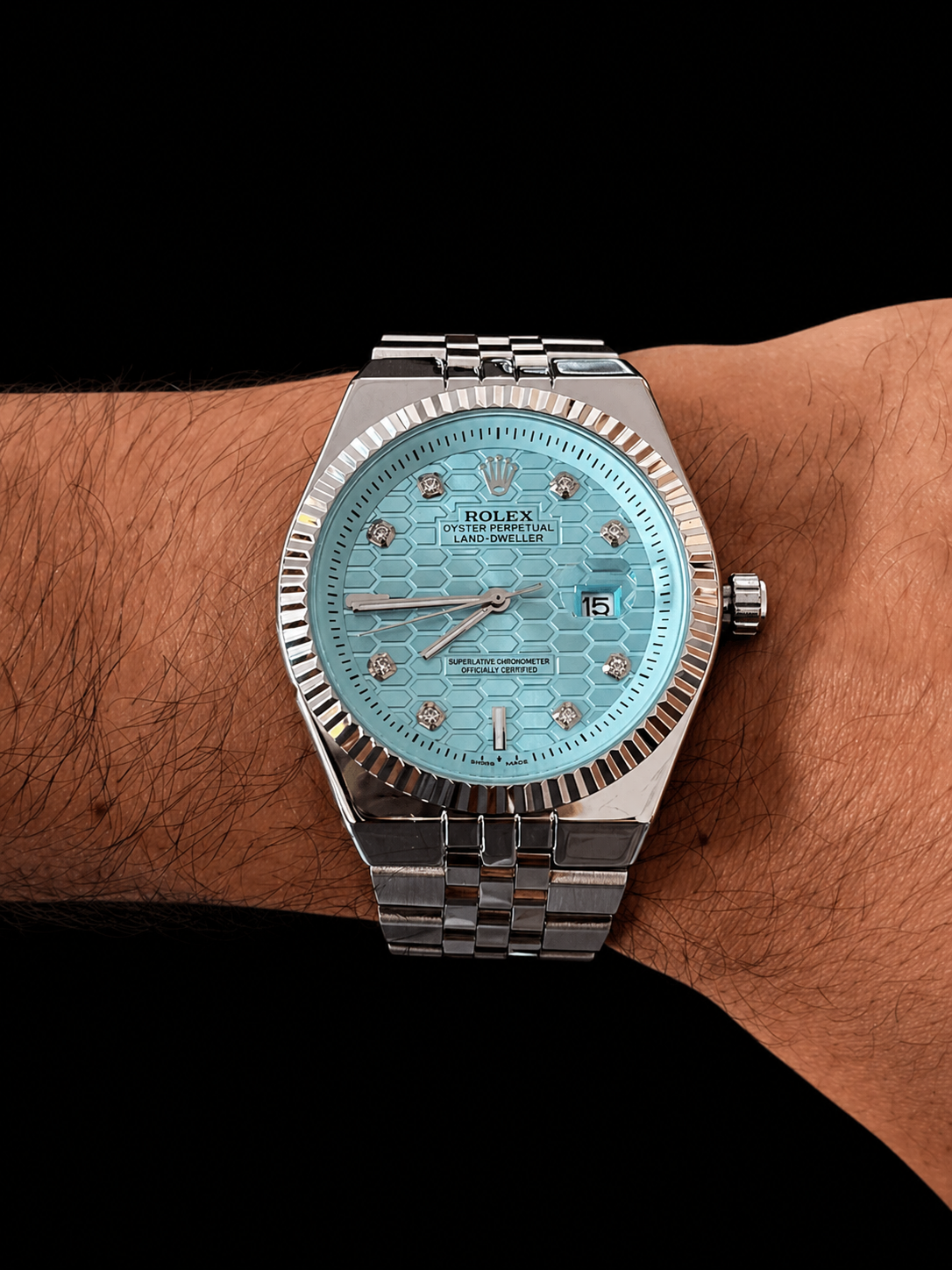 Rolex Day Date Diamond Plateado Tablero Azul