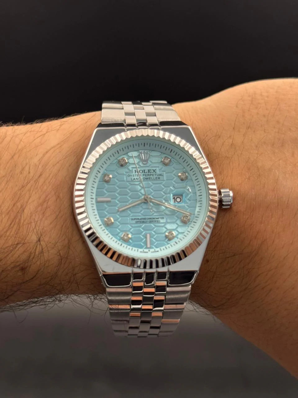 Rolex Day Date Diamond Plateado Tablero Azul