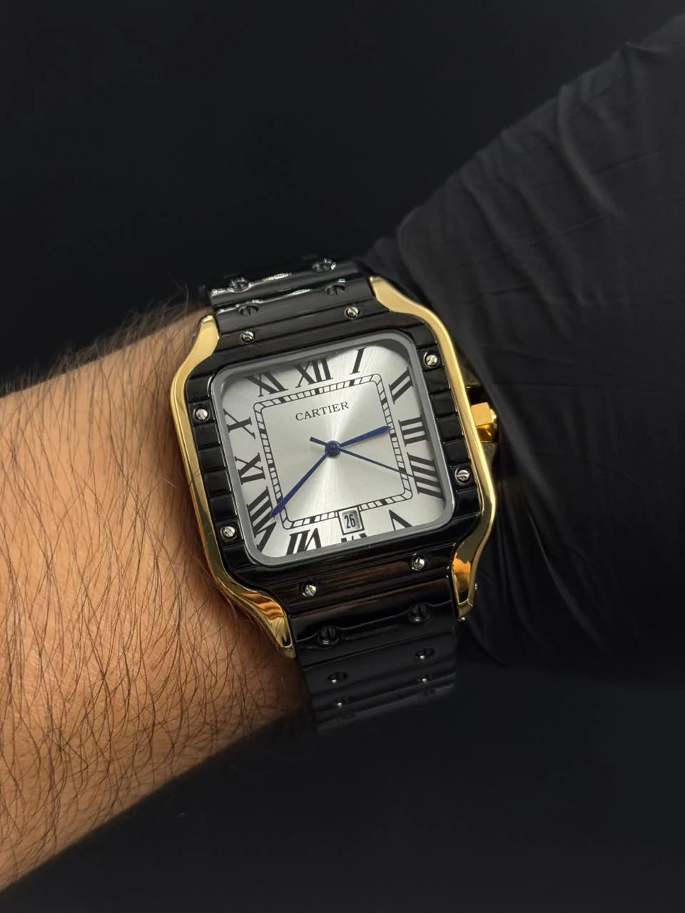 Cartier Santos Metalico Negro Tablero Plateado Dorados
