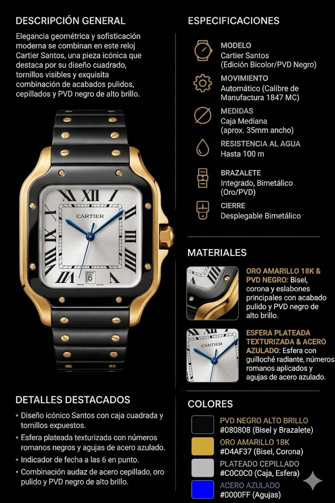 Cartier Santos Metalico Negro Tablero Plateado Dorados